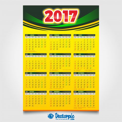 calendar 2017 template with yellow and green background free vector