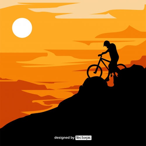 design boy cycling with sunset free vector