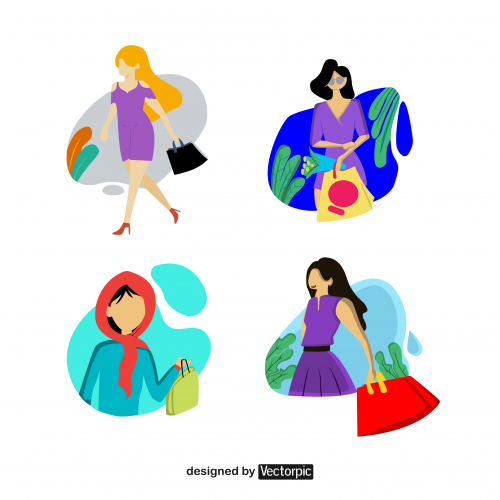 flat design women, traveling and shopping free vector