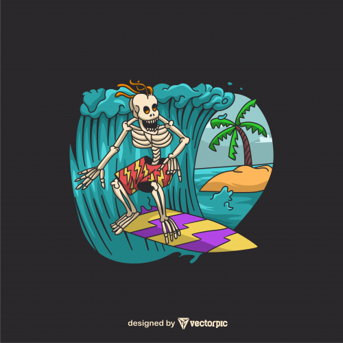 Surf Skull T-Shirt Design Free Vector