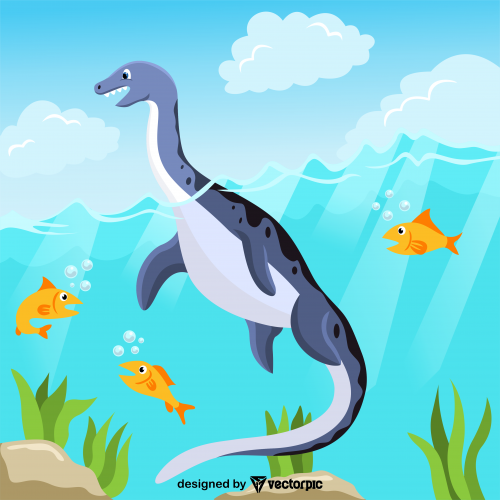 Plesiosaur Dinosaur cartoon with landscape background design free vector