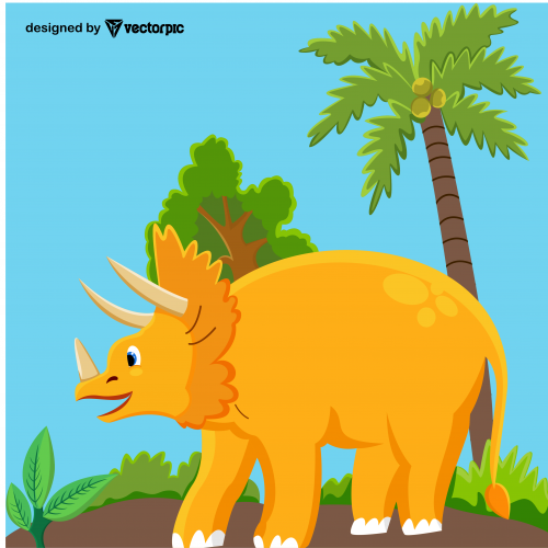 Triceratops Dinosaur cartoon with landscape background design free vector