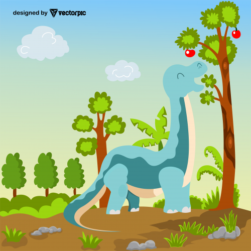Brontosaurus Dinosaur cartoon with landscape background design free vector