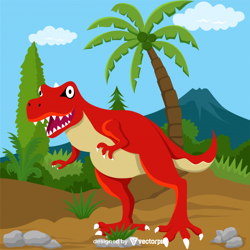 t-rex Dinosaur cartoon with landscape background design free vector