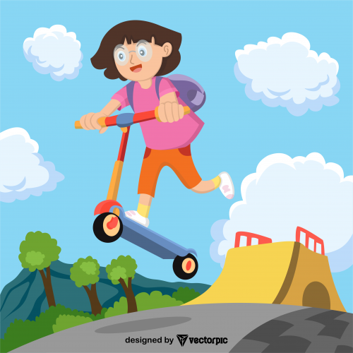 little girl playing scooter illustration cartoon design free vector
