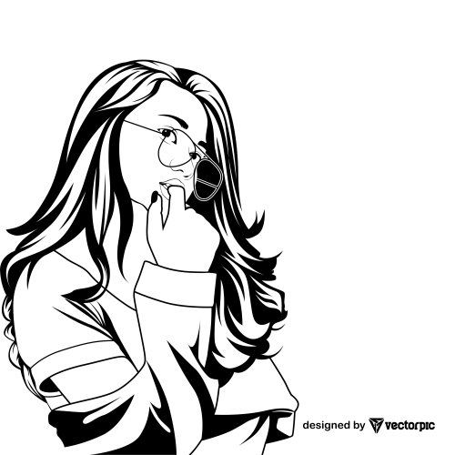 sweet girl long hair line art design free vector