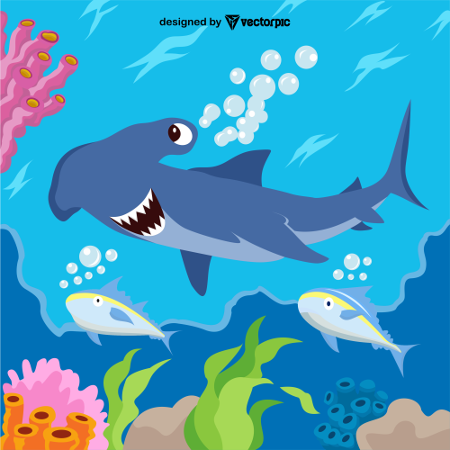 Great Hammerhead Shark cartoon with landscape background design free vector