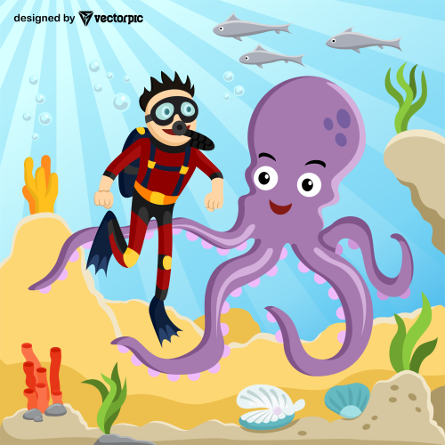 divers and octopuses cartoon with landscape background design free vector