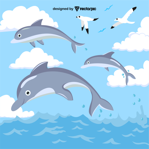 dolphin cartoon with landscape background design free vector