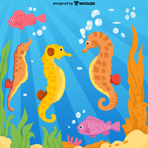 seahorses cartoon with landscape background design free vector