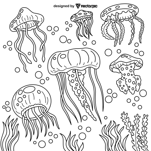 underwater jelly fish Coloring Pages for Kids & Adults design free vector