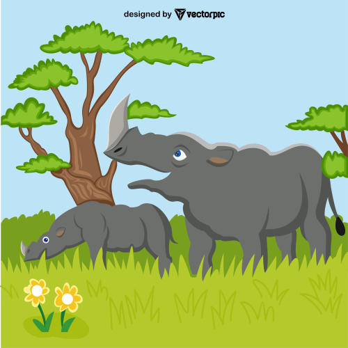 One-horned rhinoceros Animal Cartoon Characters free vector
