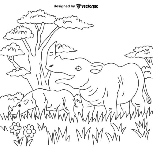 One-horned rhinoceros Animal Coloring Pages for Kids & Adults design free vector