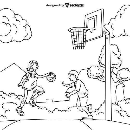 girl and boy playing basketball Coloring Pages for Kids & Adults design free vector