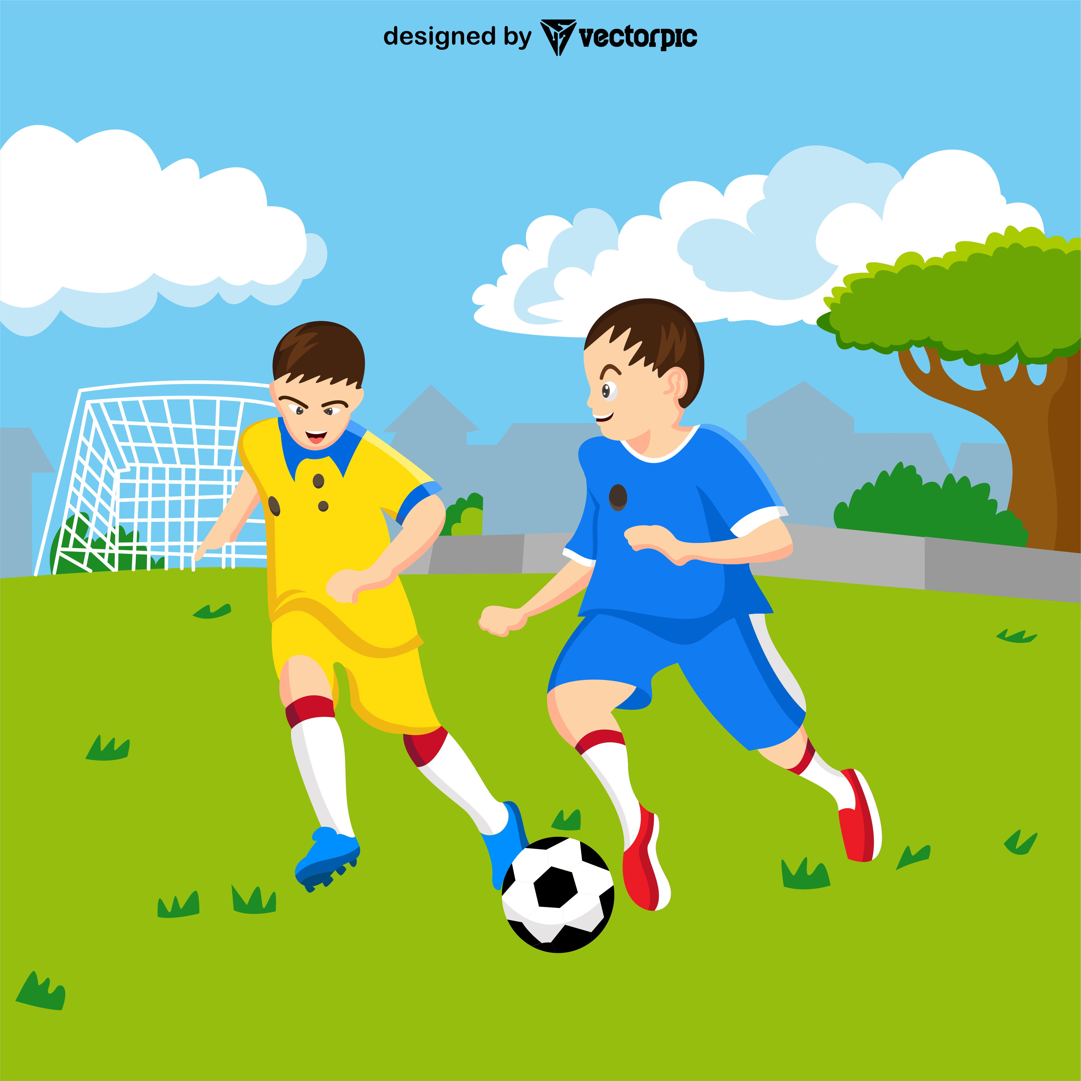 two boys playing football cartoon design free vector