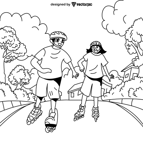 two teenagers playing roller skating Coloring Pages for Kids & Adults design free vector