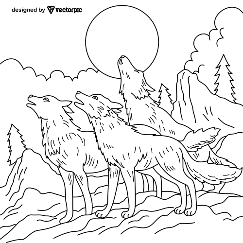 wolf howling Animal Coloring Pages for Kids & Adults design free vector